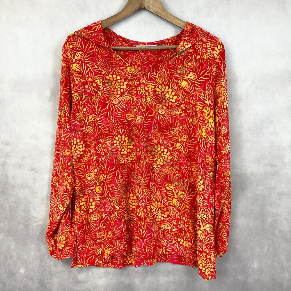 Soft Surroundings Hooded Top PM Red Yellow Floral Boho Coastal Artsy Travelwear